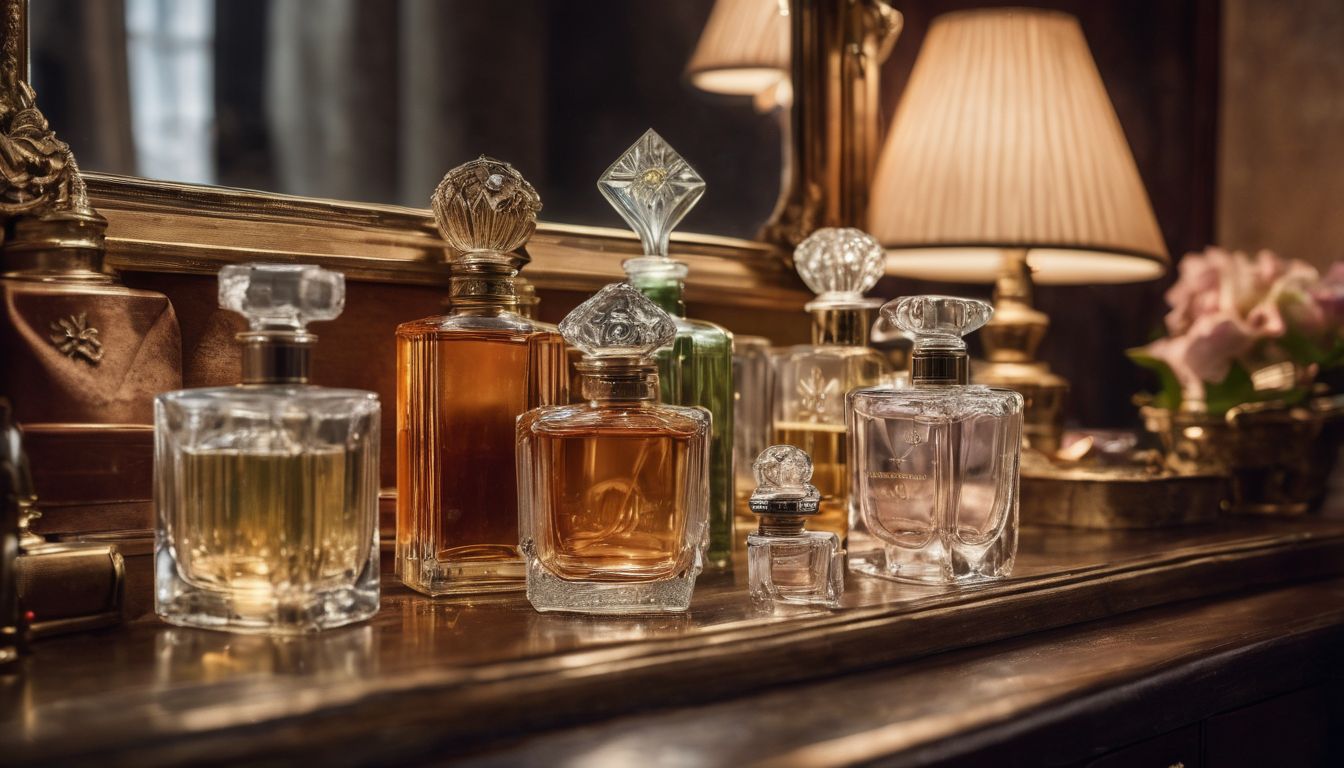 A variety of vintage perfume bottles displayed on an elegant dressing table.