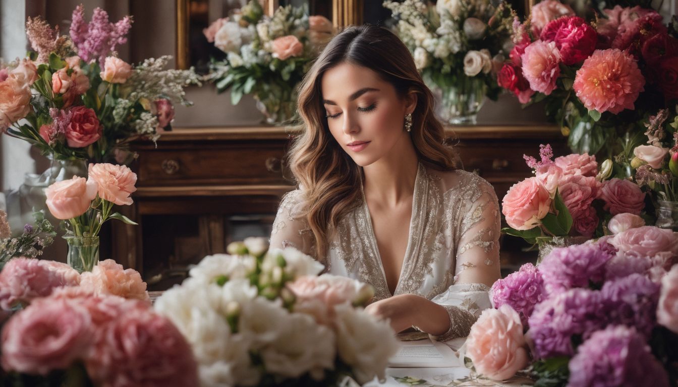 A woman stands among blooming flowers with 5 best-selling perfumes.