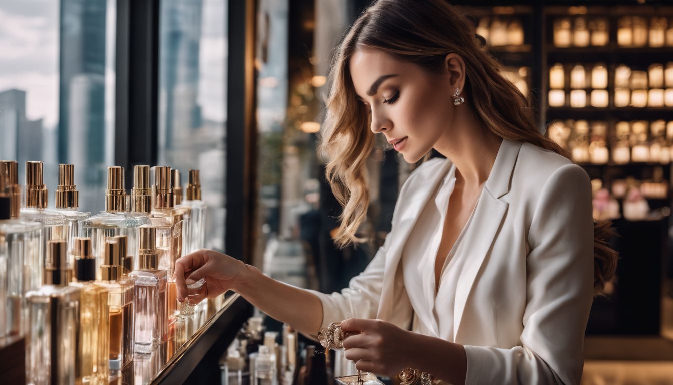 A woman testing luxury perfumes at a boutique in the city.