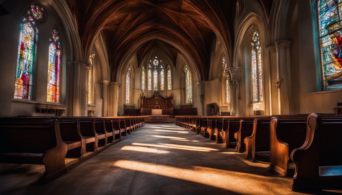 A person standing alone in a deserted church with sunlight streaming in.