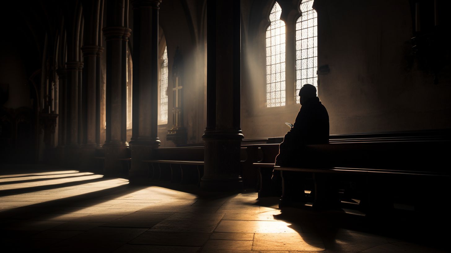A solitary figure in deep contemplation inside a dimly lit church.