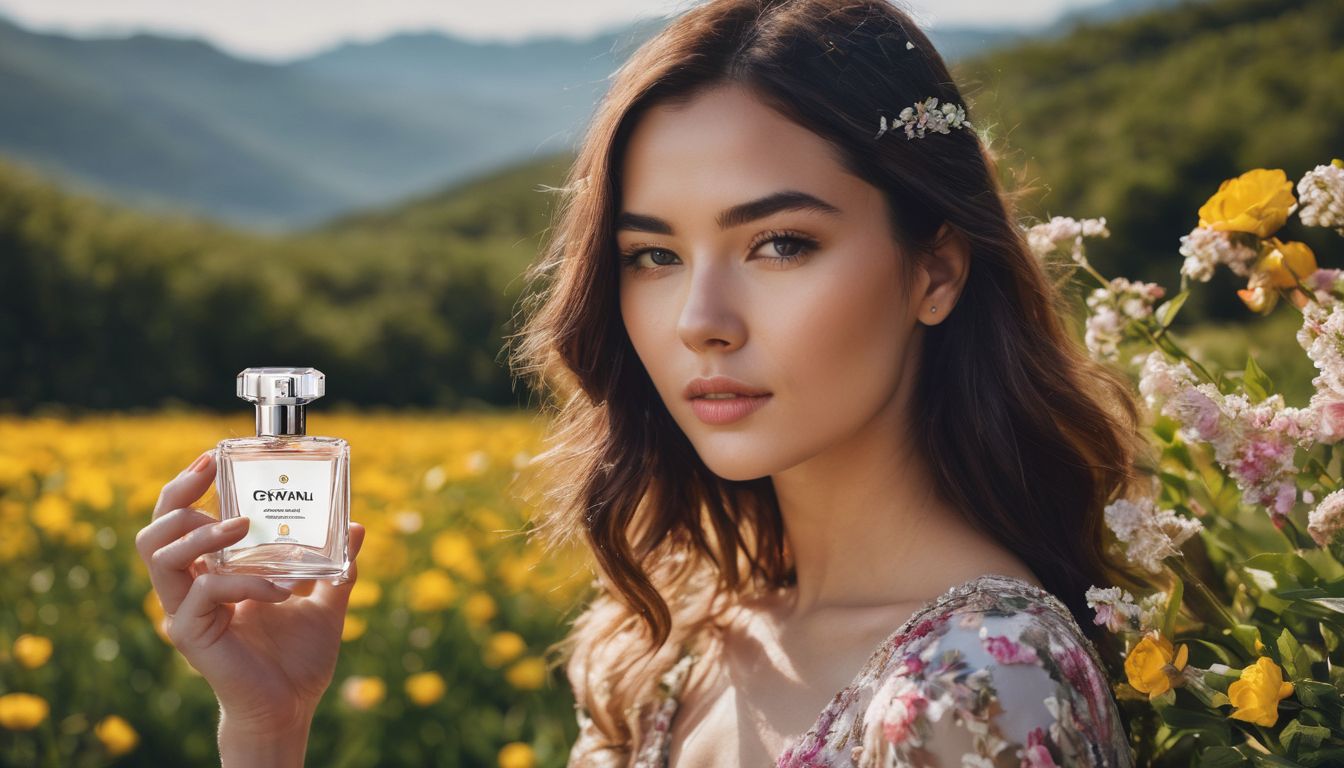 A woman holding a bottle of popular perfume surrounded by nature and flowers.