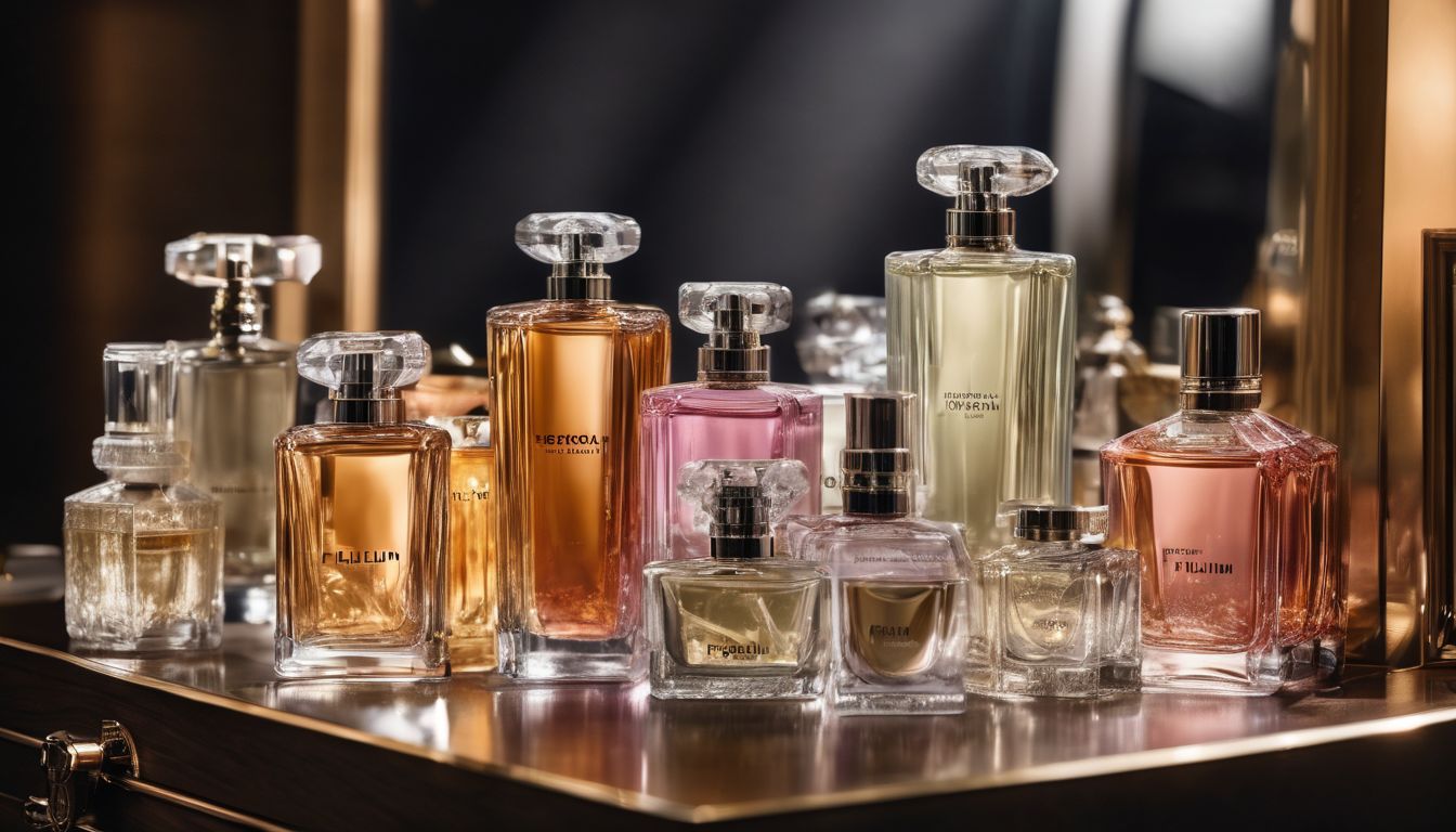 A stylishly arranged display of top-selling women's perfumes on a vanity.