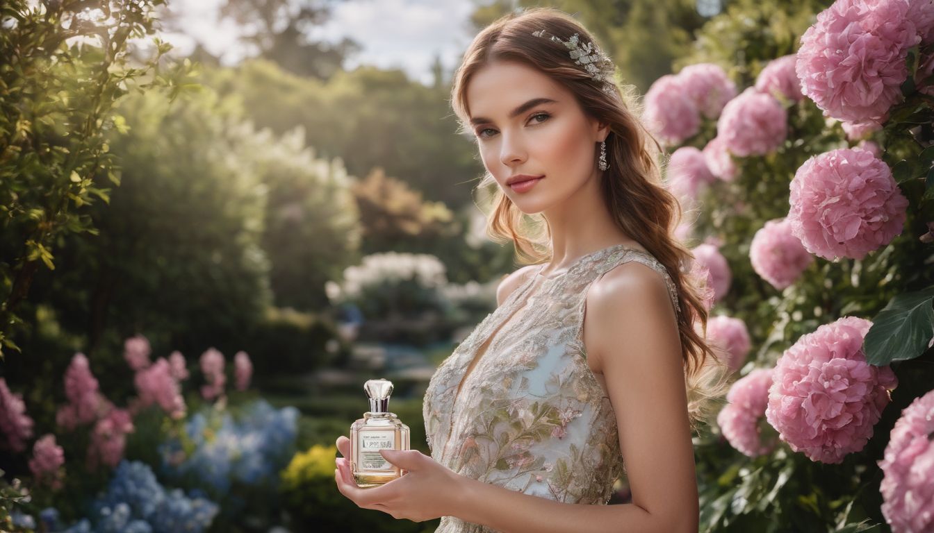 A woman holds a bottle of perfume in a blooming garden.