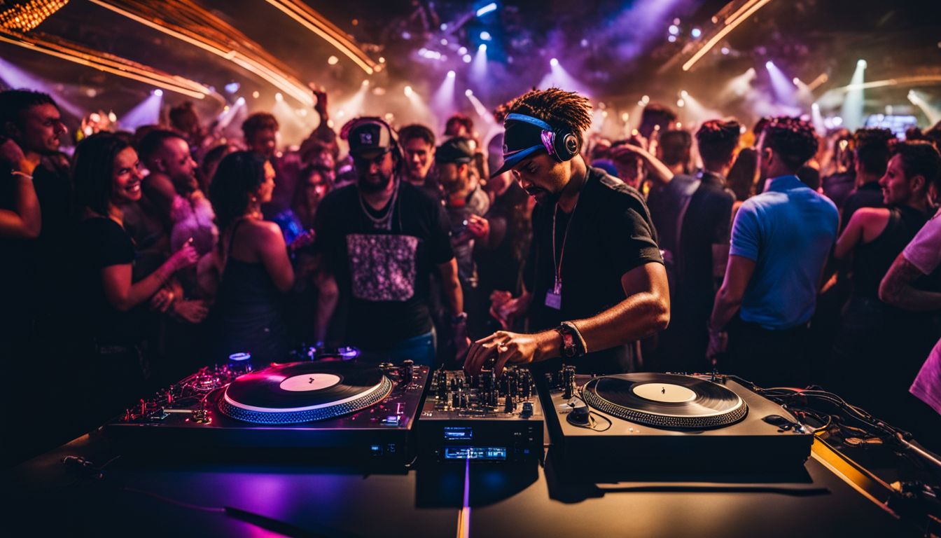 A DJ spinning vinyl records at a crowded nightclub, capturing the bustling atmosphere.