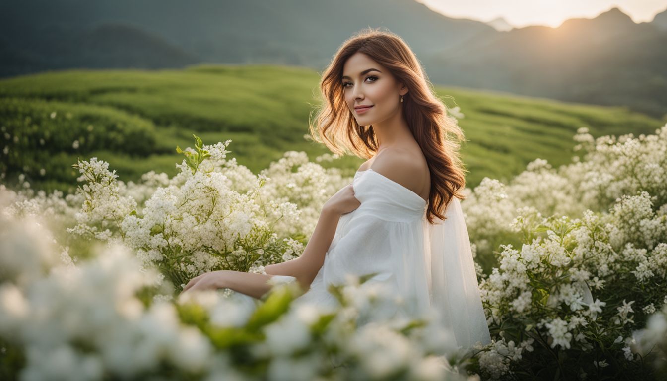 A woman surrounded by blooming white jasmine flowers in a bustling field.