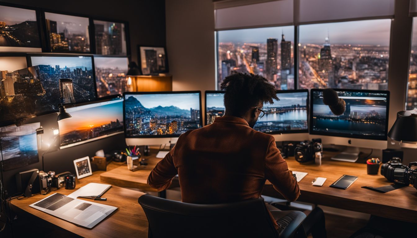 A photographer editing diverse cityscape photos in a home office.