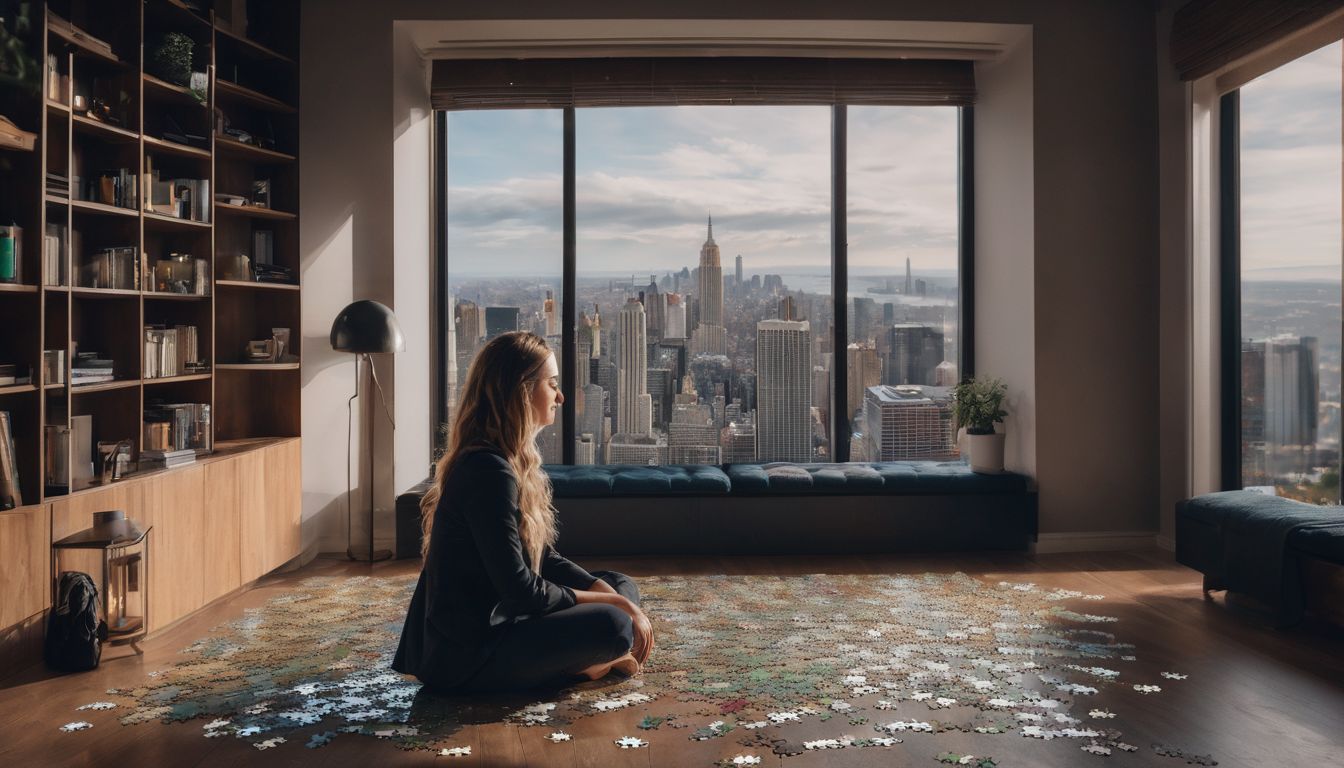 A person sitting alone with scattered puzzle pieces and cityscape photography.