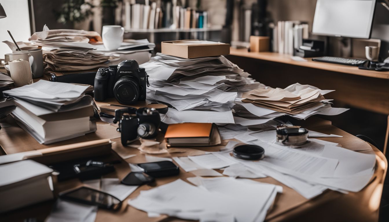 A cluttered desk in a bustling office environment with various people.