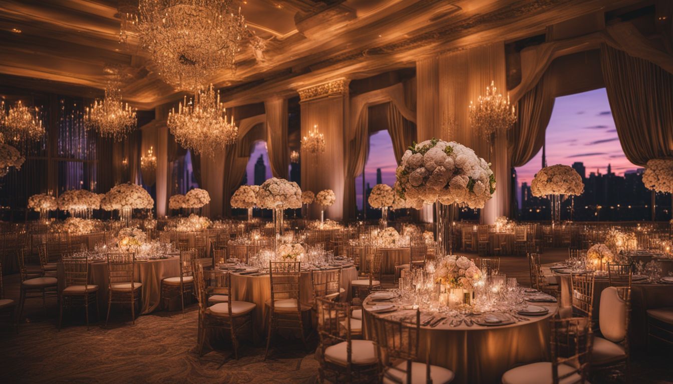 A stunningly decorated wedding venue with bustling atmosphere and stylish guests.