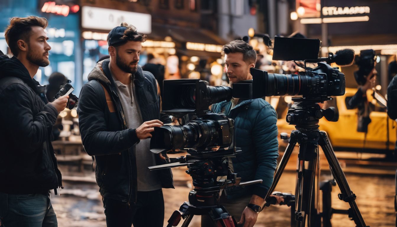 A group of filmmakers preparing to shoot a cityscape scene.