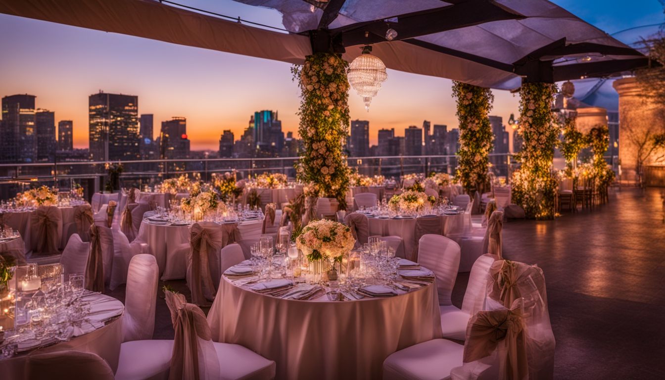 A stunning wedding venue at sunset with a bustling atmosphere.