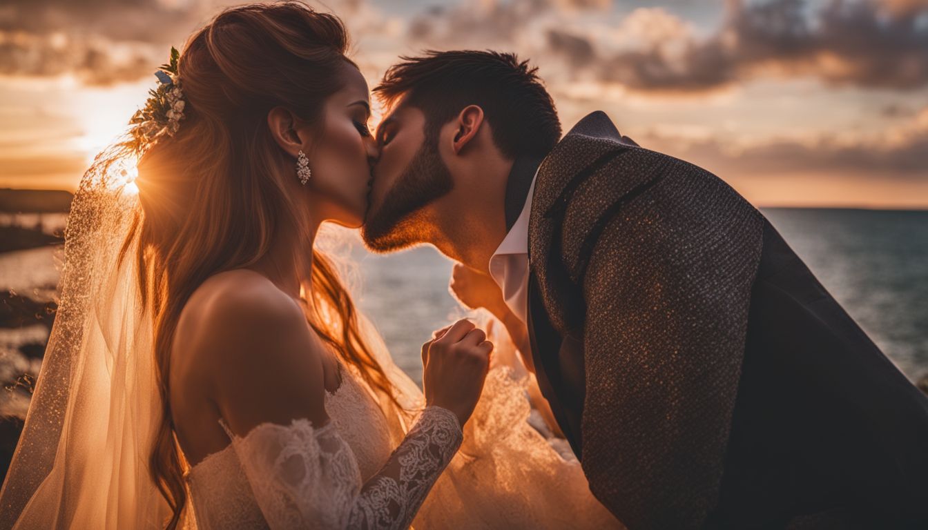 A newlywed couple kissing under a sunset in a picturesque setting.