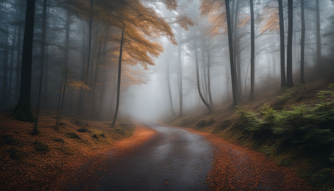 A winding road through a foggy forest in a bustling atmosphere.