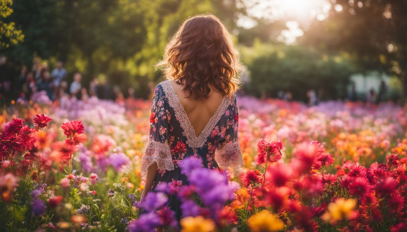 A vibrant garden filled with blooming flowers and people in various outfits.