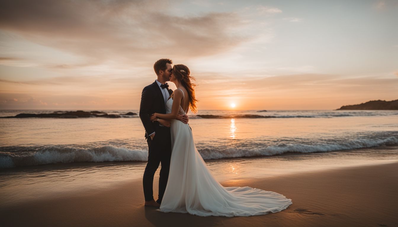 A bride and groom embrace on a scenic beach at sunset.