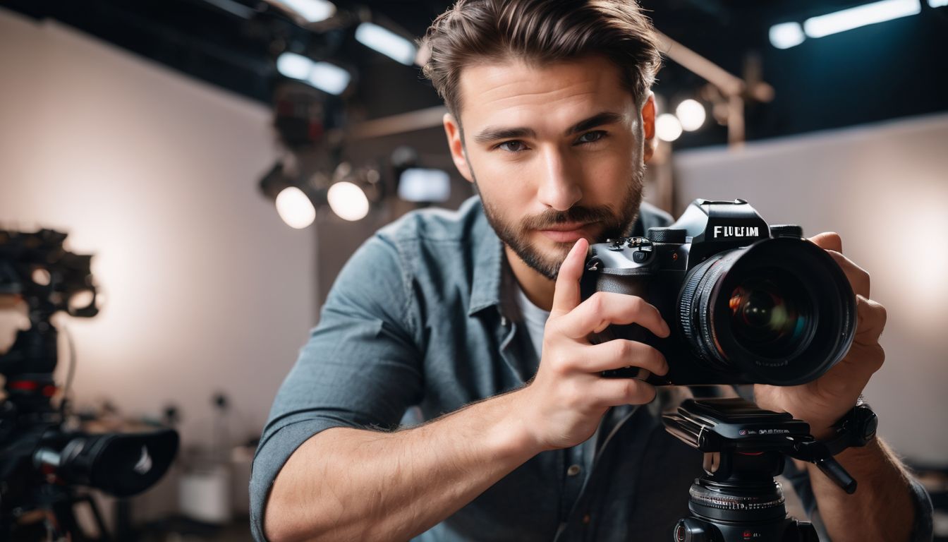 A professional photographer setting up a studio for portrait photography.