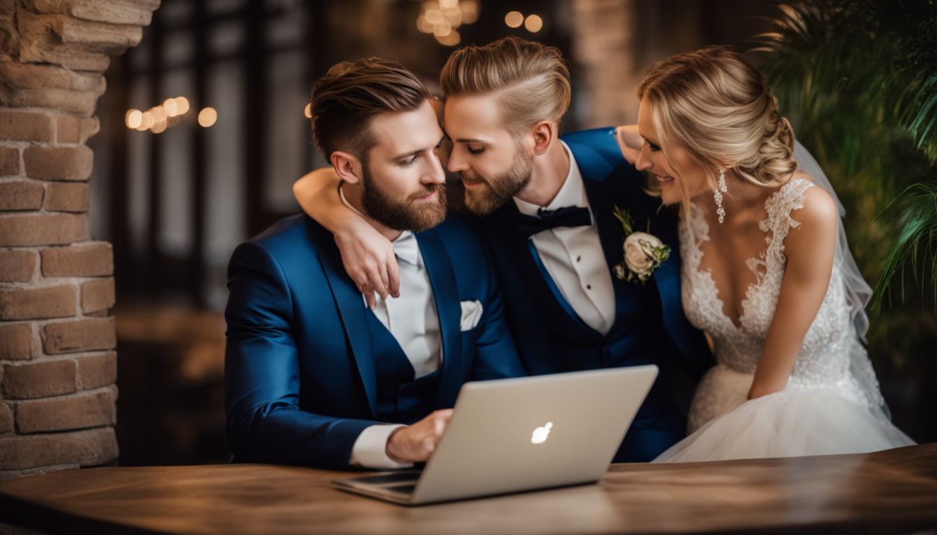 A bride and groom considering wedding videography options on a laptop.