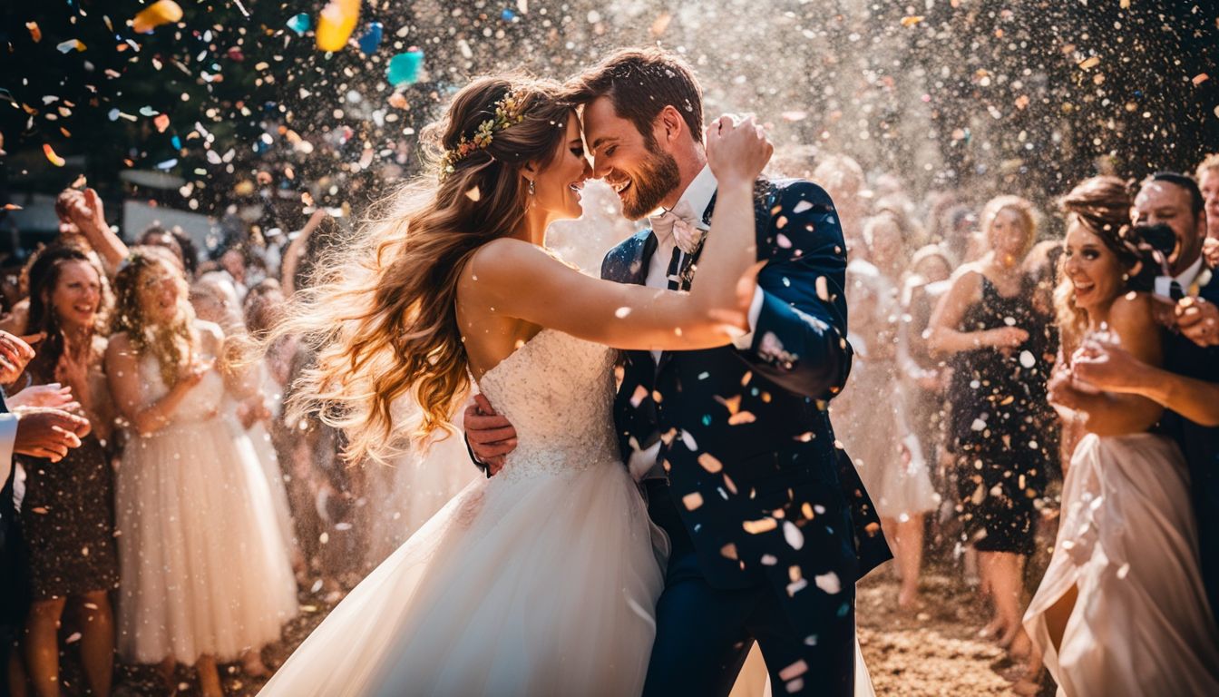 A bride and groom dancing under confetti at their wedding celebration.
