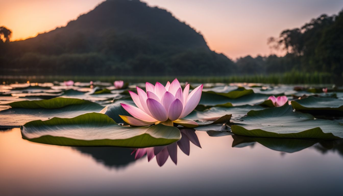 A single lotus flower blossoms in a tranquil pond at sunrise.