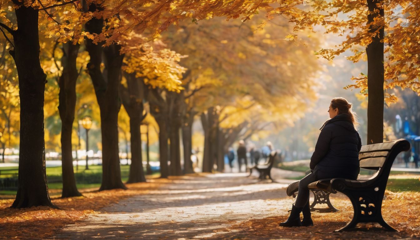 A person sits alone on a bench surrounded by autumn leaves in a park.