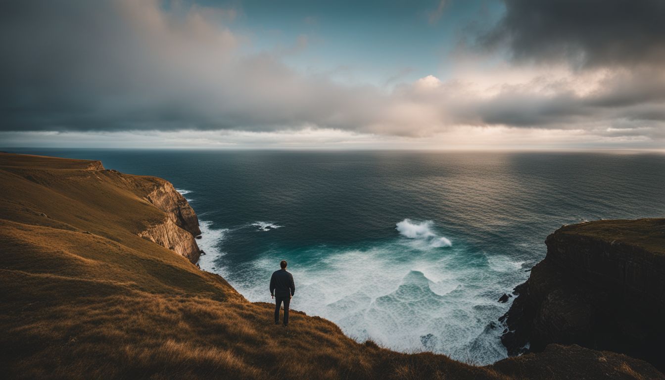 A person standing on a cliff overlooking a turbulent sea.