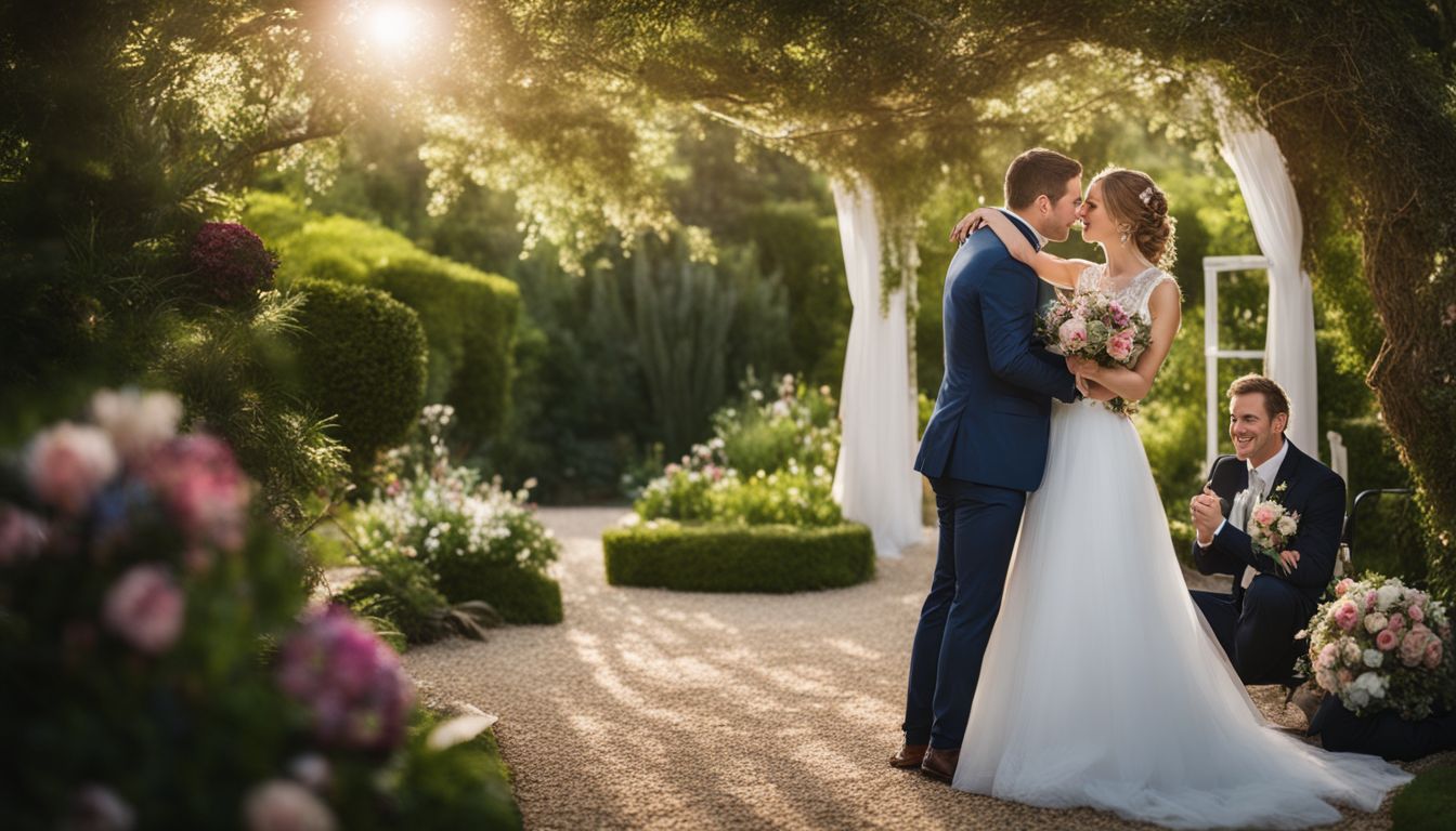 A photographer capturing a bride and groom in a romantic garden setting.
