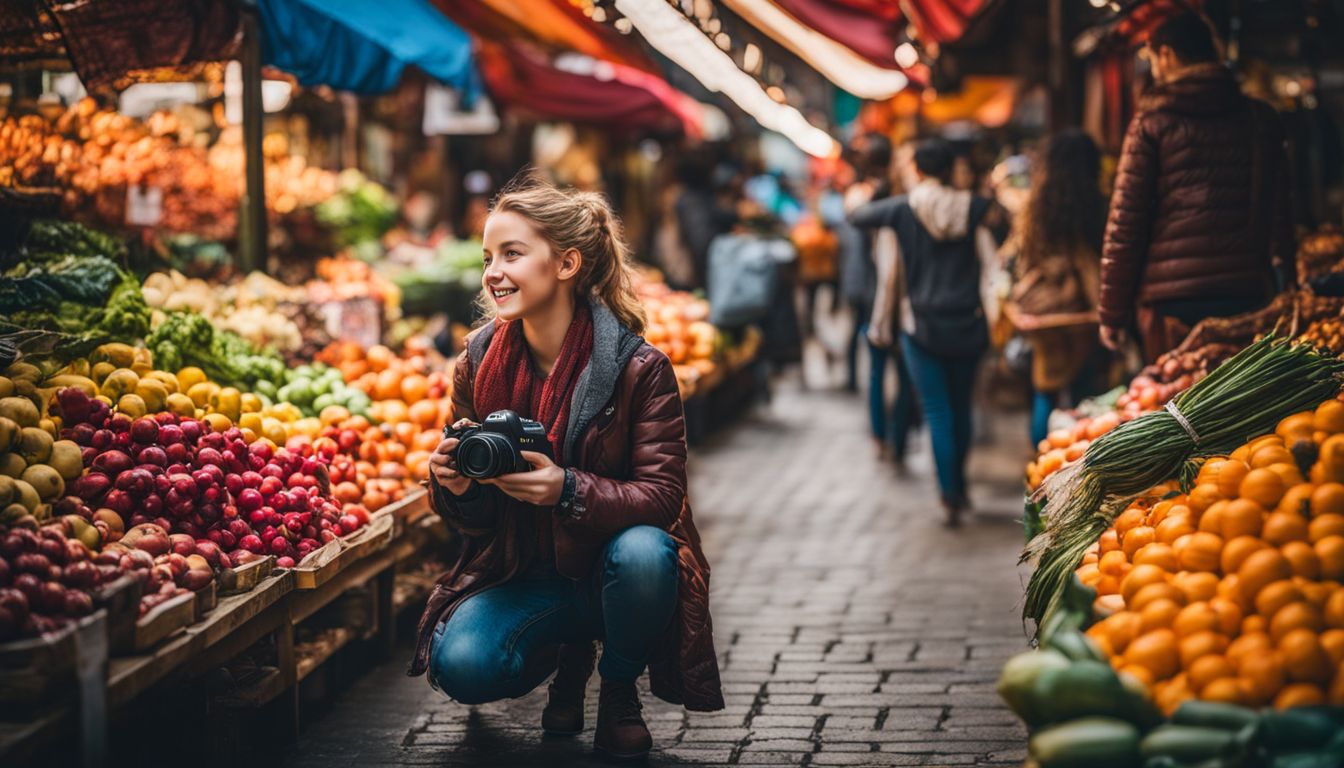 A young photographer capturing the vibrant market in cityscape photography.