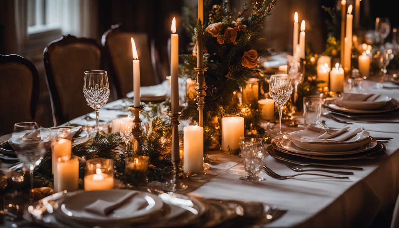 A table set with elegant dinnerware and surrounded by candlelight.