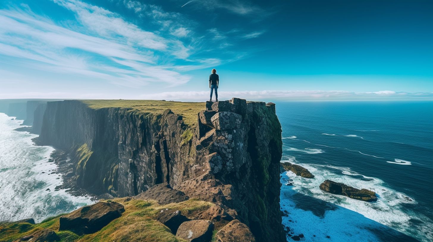 A person standing on a cliff, looking overwhelmed by the vast landscape.