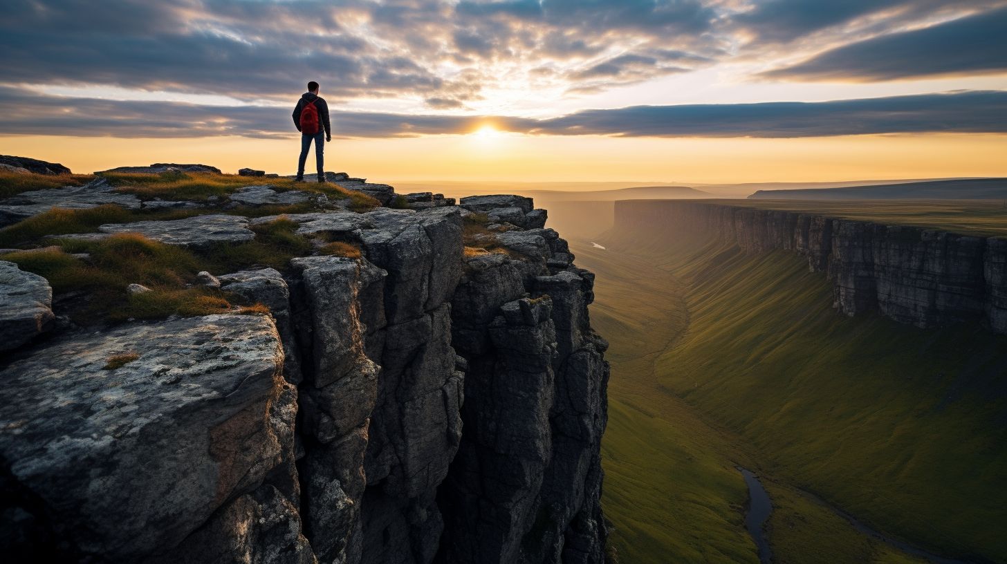 A person standing on a cliff, looking overwhelmed by the vast landscape.