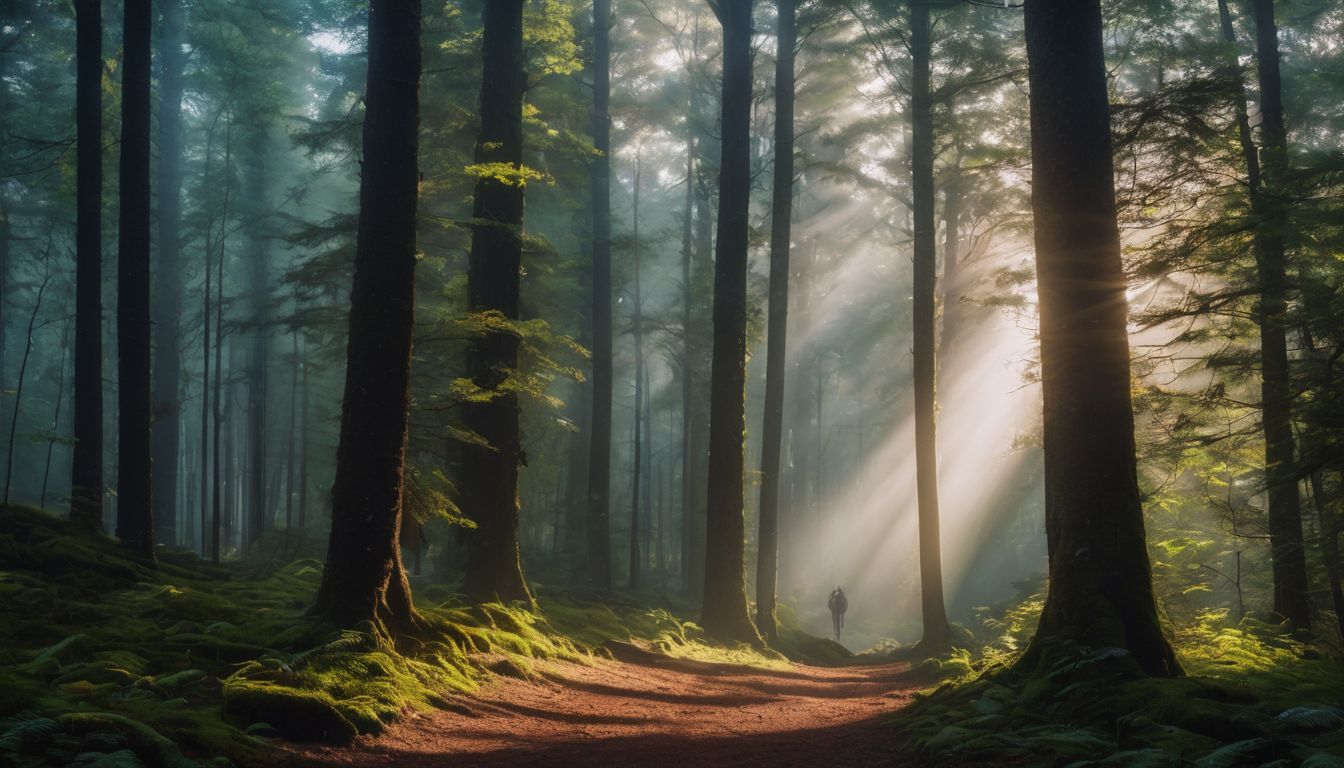 A serene, mist-covered forest with sunlight filtering through the trees.