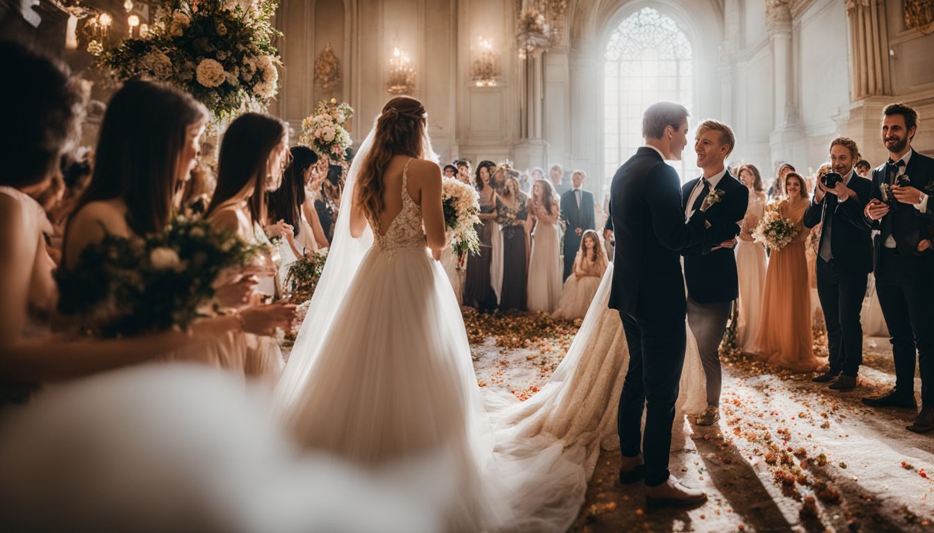 A videographer capturing a lively wedding ceremony with a high-quality camera.
