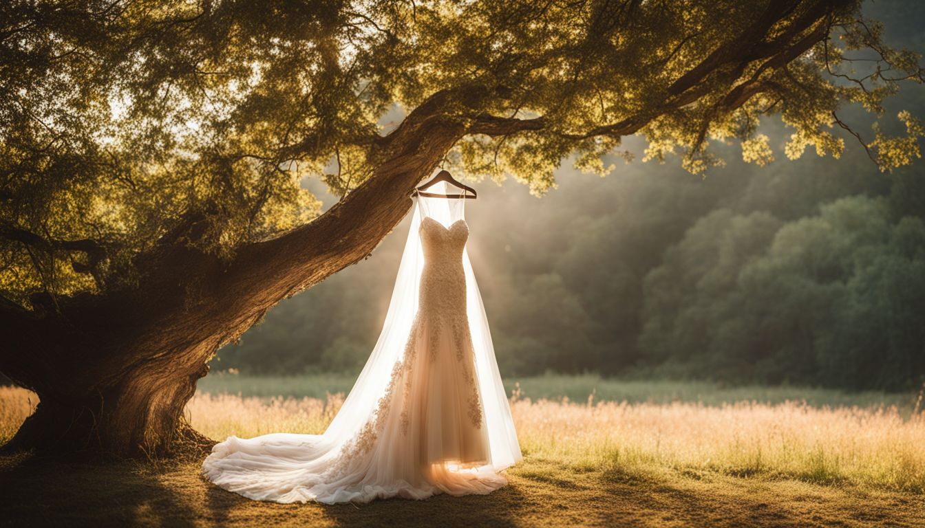 A beautiful bride's wedding dress hanging on a sunlit tree branch.