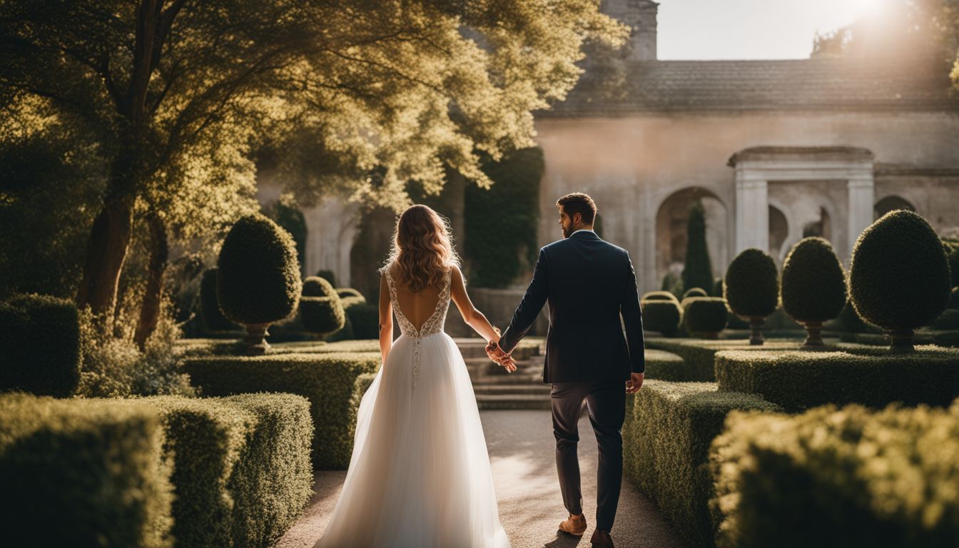 A newlywed couple walking through a beautiful garden.