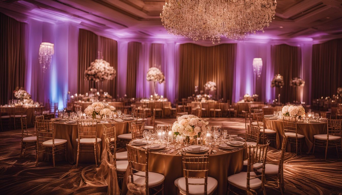A beautifully decorated wedding reception hall with a bustling atmosphere.