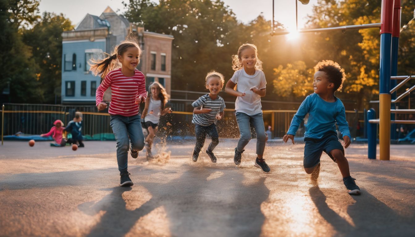 A diverse group of children playing in a lively city playground.