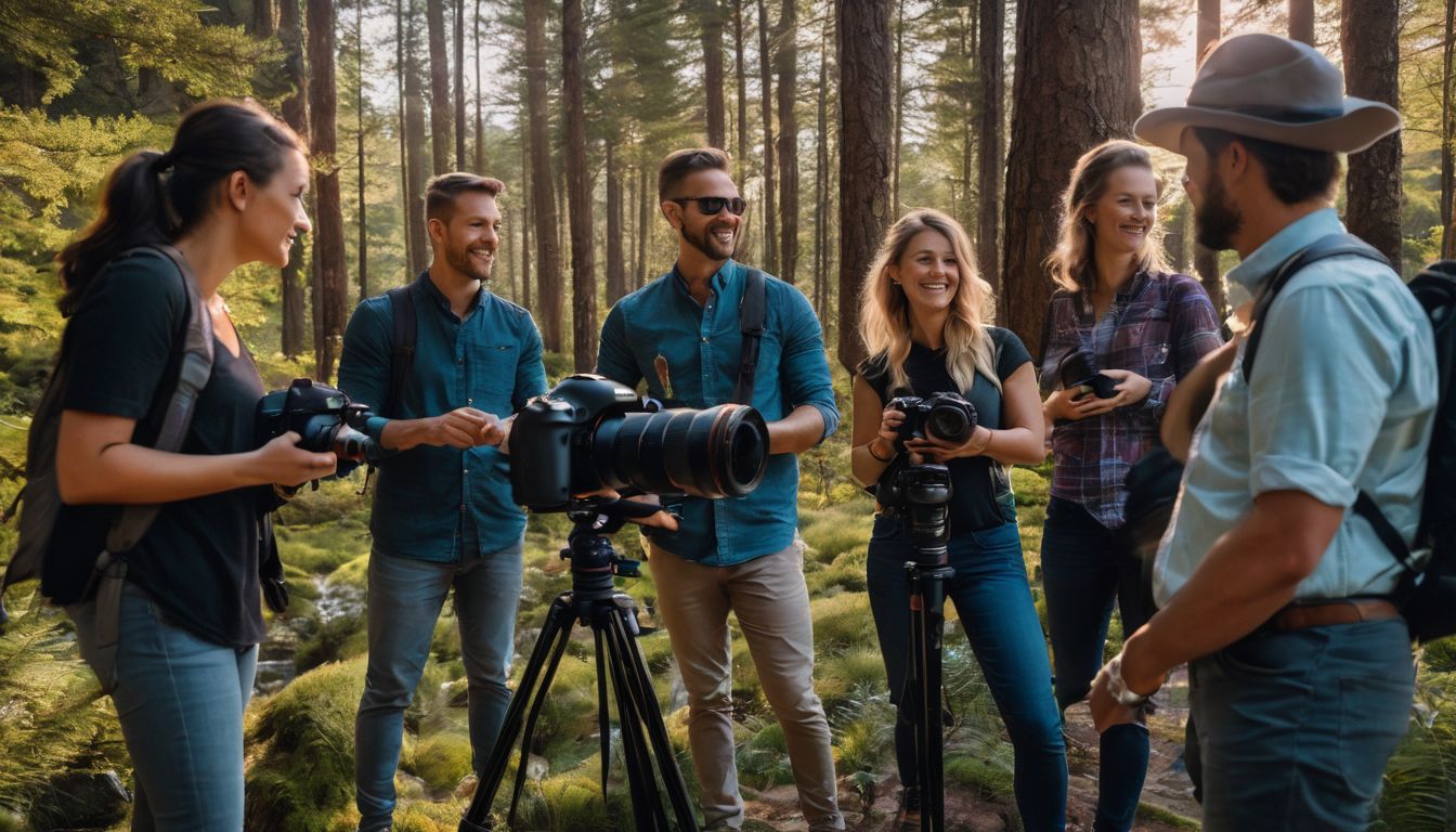 A group of photographers conducting a nature photography workshop in a scenic outdoor setting.