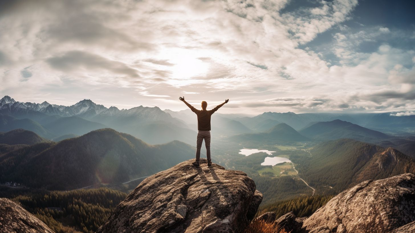 A person celebrates while overlooking serene mountain landscape.