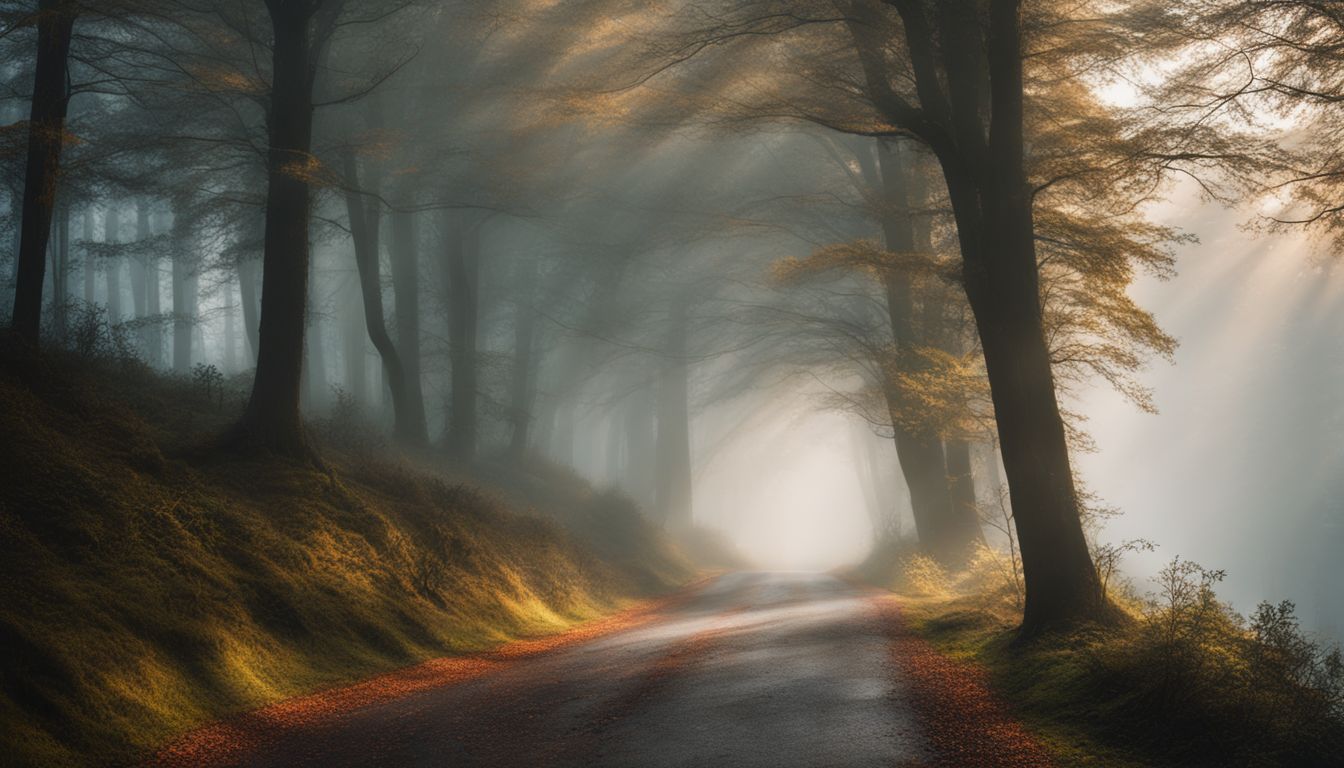 A winding road through a misty forest with diverse people.