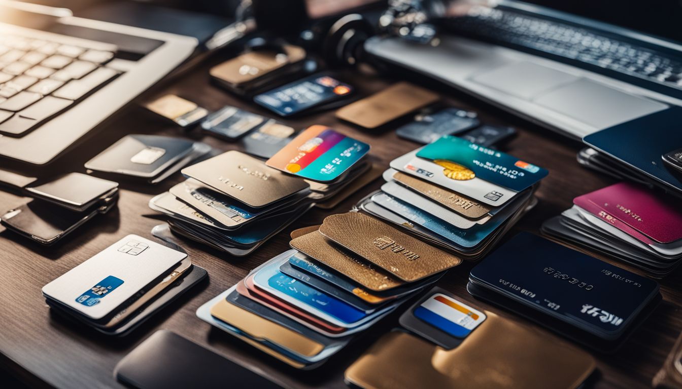 A collection of diverse credit cards on a stylish desk.