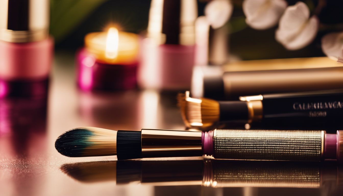 A close-up of false eyelashes and lash glue surrounded by elegant makeup items.