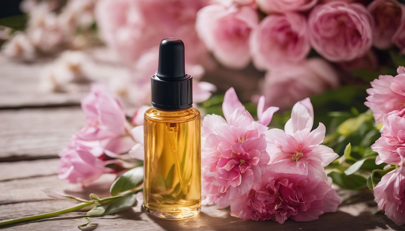 A photo of eyelash serum bottle surrounded by blooming flowers.