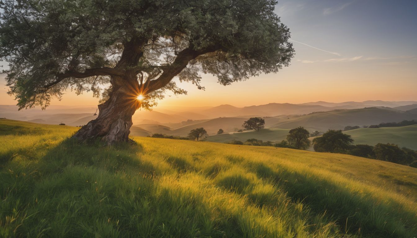 A lone tree stands in a serene meadow at sunrise.