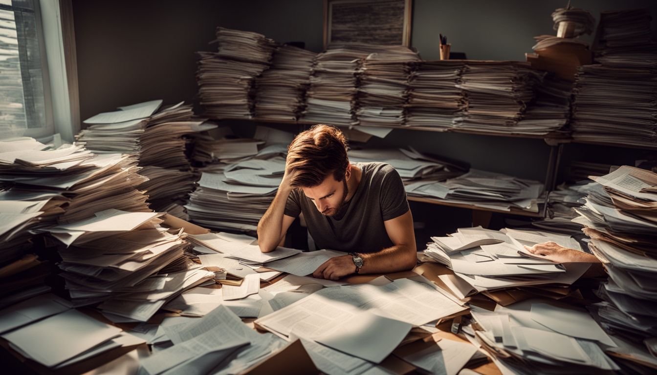 A worried person surrounded by piles of unpaid bills at a cluttered desk.