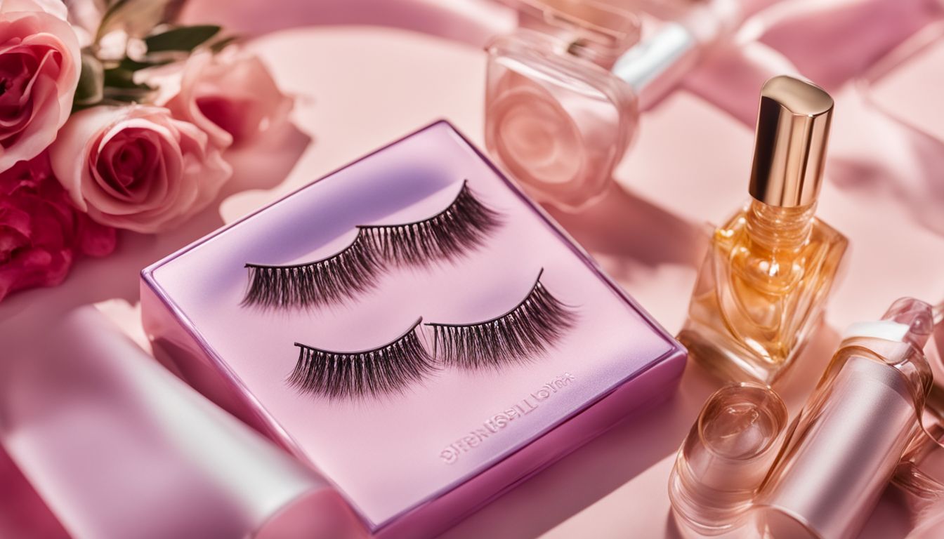 A pair of elegant false eyelashes surrounded by beauty products.