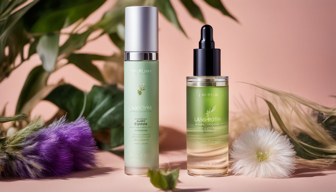 A bottle of lash growth serum surrounded by botanical ingredients and vibrant color.