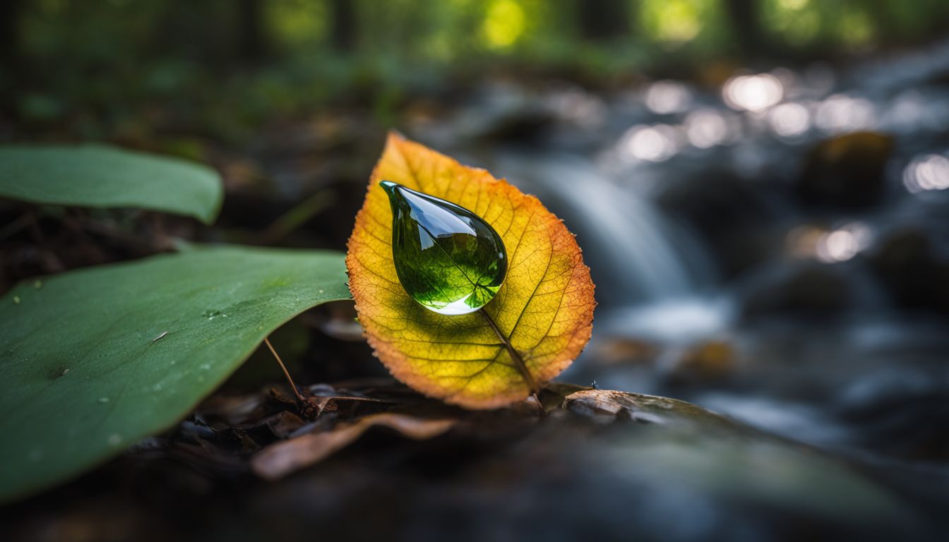 A single teardrop rests on a leaf in a tranquil forest.