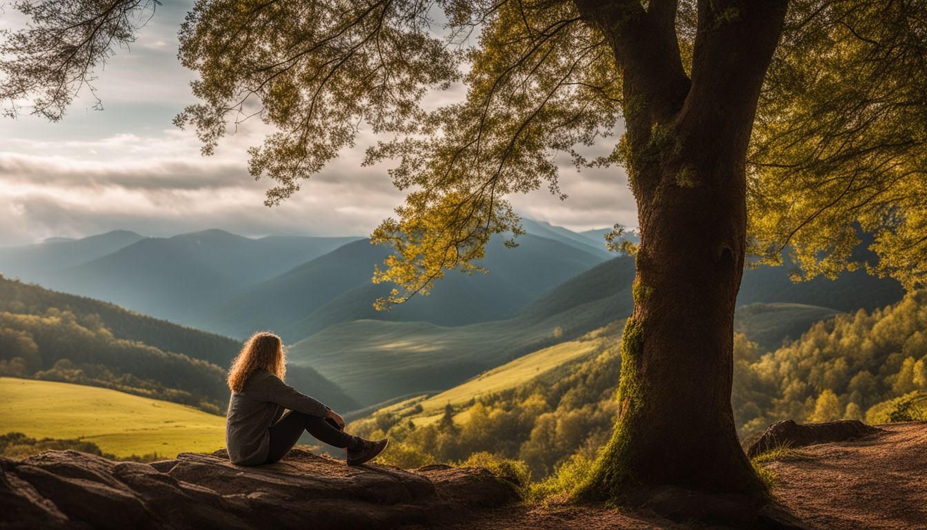 A person sits in a peaceful natural setting.