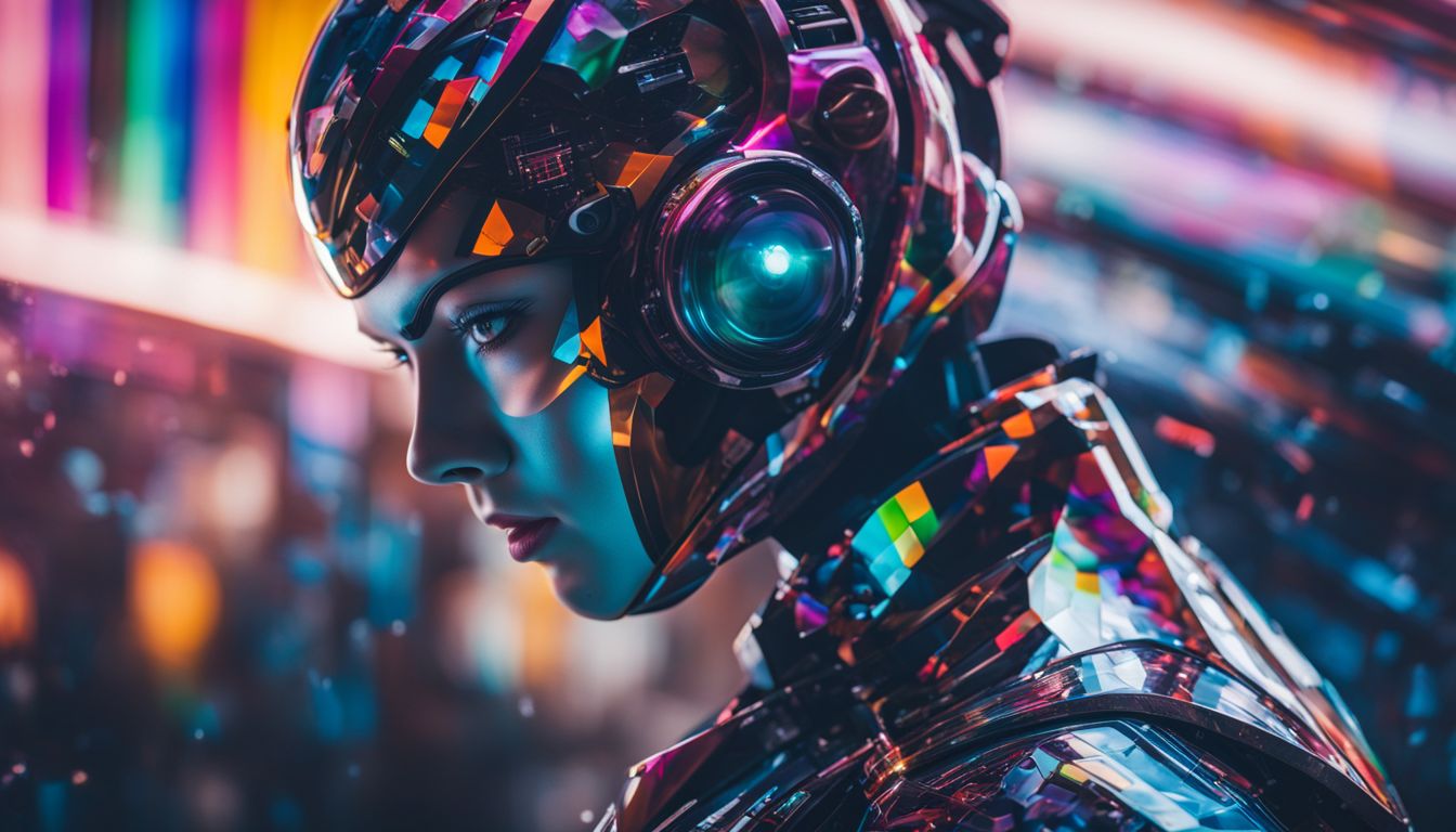 A futuristic robot surrounded by colorful data patterns and diverse human faces.